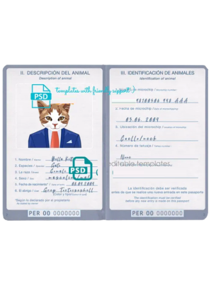 Peru cat (animal, pet) passport PSD template, completely editable