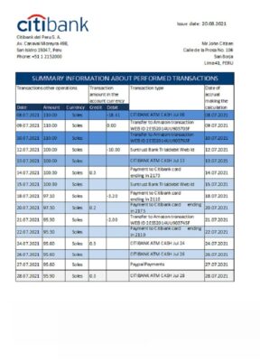 Peru Citibank bank statement easy to fill template in .xls and .pdf file format