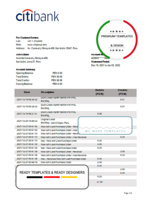 Peru Citibank bank statement template in Word and PDF format