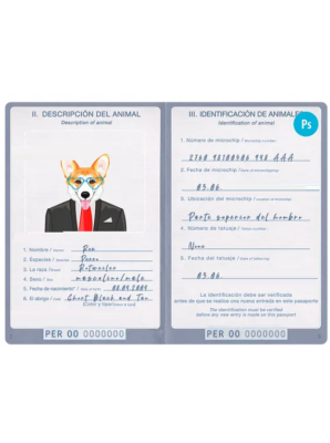 Peru dog (animal, pet) passport PSD template, completely editable