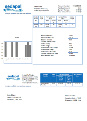 Peru Sedapal La Atarjea water utility bill template in Word and PDF format