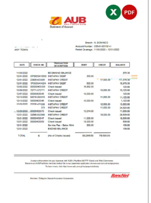 Philippines Asia United Bank (AUB) account statement Excel and PDF template