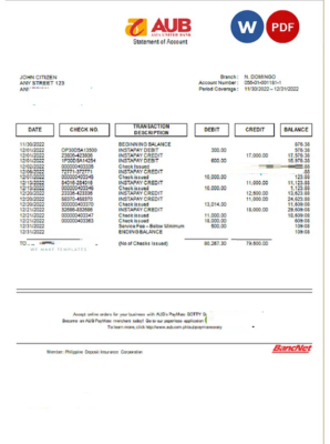 Philippines Asia United Bank (AUB) account statement Word and PDF template