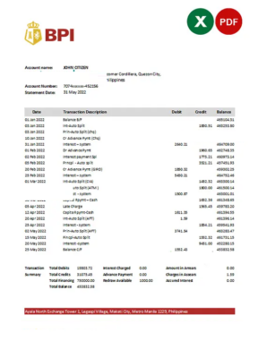 Philippines Bank of the Philippine Islands bank statement Excel and PDF template