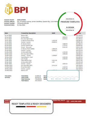 Philippines Bank of the Philippine Islands bank statement template in Word and PDF format