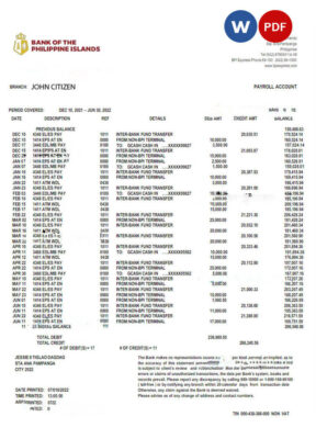 PHILIPPINES BANK OF THE PHILIPPINE ISLANDS bank statement Word and PDF template