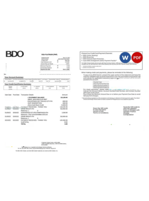 Philippines BDO bank credit card statement in Word and PDF format, 2 pages