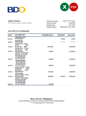 Philippines BDO bank statement Excel and PDF template