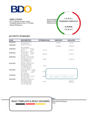 Philippines BDO bank statement template in Word and PDF format