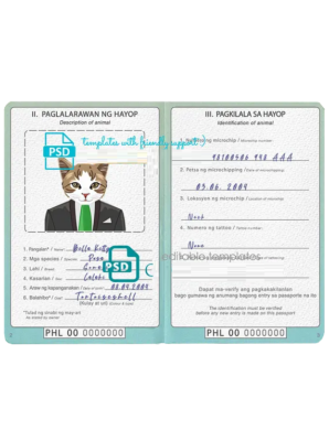 Philippines cat (animal, pet) passport PSD template, fully editable