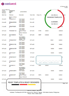 Philippines EastWest bank statement template in Word and PDF format