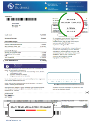 Philippines Globe Business utility bill template in Word and PDF format