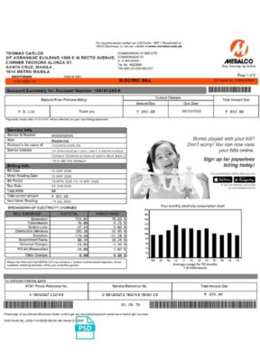 Philippines Meralco electricity utility bill template, fully editable in PSD format