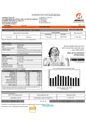 Philippines Meralco electricity utility bill template in Word and PDF format