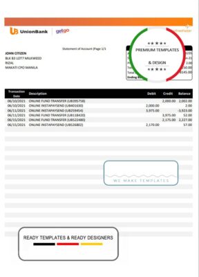 Philippines Unionbank bank statement template in Excel and PDF format