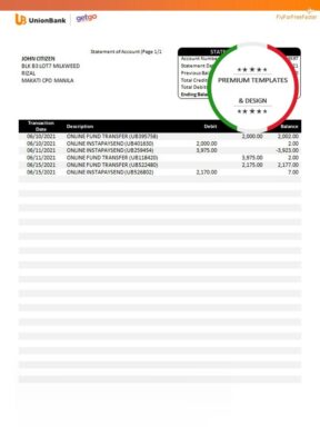 Philippines Unionbank bank statement template in Word and PDF format