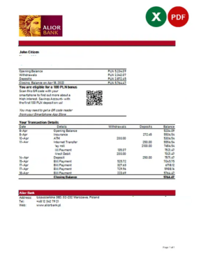 Poland Alior bank statement Excel and PDF template