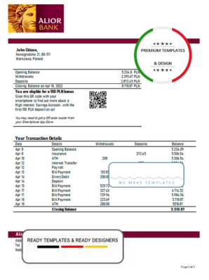 Poland Alior bank statement template in Word and PDF format