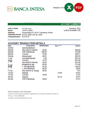 Poland Banca Intesa bank statement Excel and PDF template