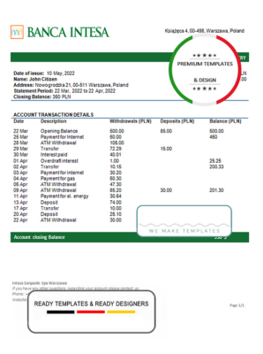 Poland Banca Intesa bank statement template in Word and PDF format