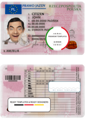 Poland driving license template in PSD format, fully editable, 2019 – present