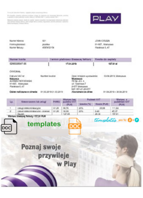 Poland Play utility bill template in Word and PDF format, fully editable