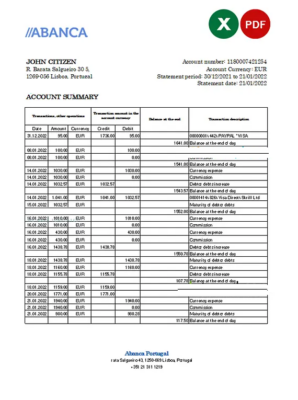 Portugal Abanca bank statement Excel and PDF template