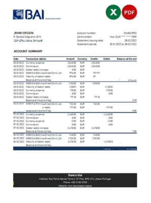 Portugal Banco BAI Europa bank statement Excel and PDF template