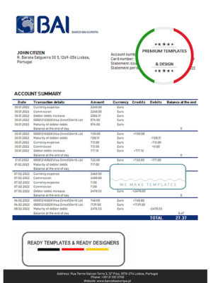 Portugal Banco BAI Europa bank statement template in Word and PDF format