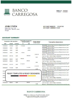 Portugal Banco Carregosa bank statement in Word and PDF format