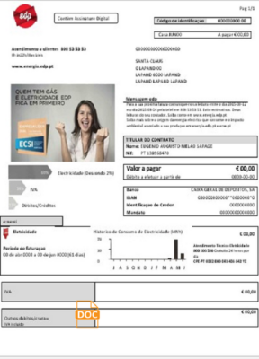 Portugal EDP electricity utility bill template in Word and PDF format