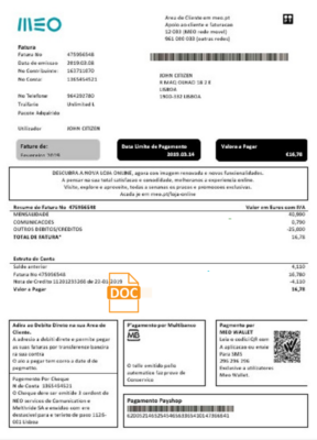 Portugal MEO utility bill template in Word and PDF format, fully editable