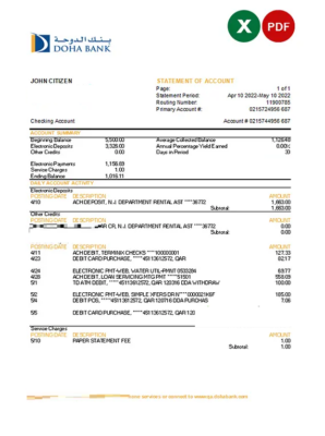 Qatar Doha bank statement, Excel and PDF template