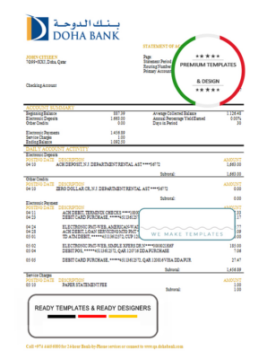 Qatar Doha Bank statement template in Word and PDF format