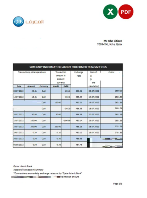 Qatar Islamic bank statement, Excel and PDF template