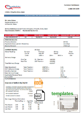 Qatar Power Company electricity utility bill template in Word and PDF format