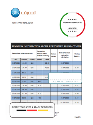 Qatar Qatar Islamic Bank statement template in Word and PDF format