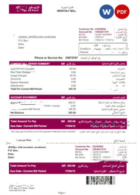 QATAR QTEL utility bill Word and PDF template