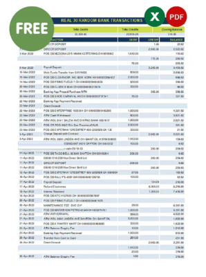 real random bank transactions Excel and PDF template