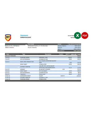 Romania Banca Transilvania bank statement, Excel and PDF template