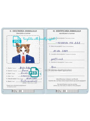 Romania cat (animal, pet) passport PSD template, fully editable