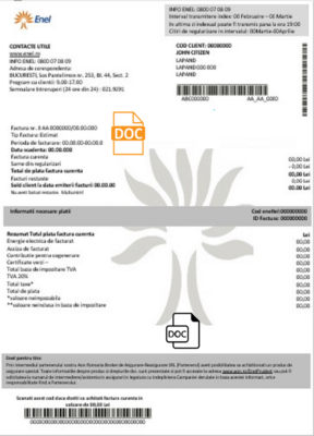 Romania Enel electricity proof of address utility bill template in Word and PDF format (.doc and .pdf)