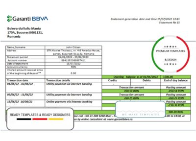 Romania Garanti BBVA bank proof of address statement template in Word and PDF format