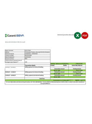 Romania Garanti BBVA bank statement, Excel and PDF template