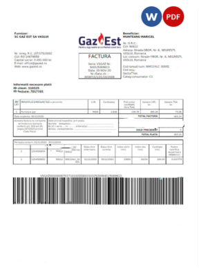 Romania Gaz Est utility bill Word and PDF template