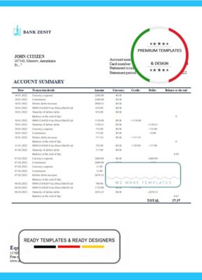 Russia Zenit Bank bank proof of address statement template in Word and PDF format