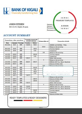 Rwanda Bank of Kigali bank proof of address statement template in Word and PDF format