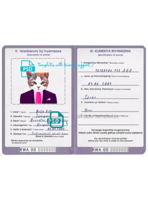 Rwanda cat (animal, pet) passport PSD template, fully editable