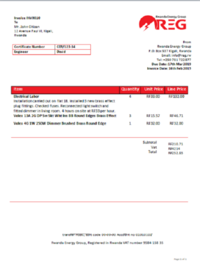 Rwanda Energy Group electricity utility bill template in Word and PDF format