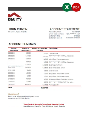 Rwanda Equity bank statement, Excel and PDF template